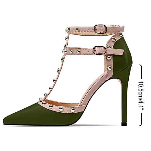 XINIUNIU Stiletto High Heels for Women Studded Heels with Studs Pumps 4 Inch Heeled Sandals Sexy Pointed Toe Ankle-strap Patent Leather Dress Wedding Shoes3