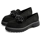 Butevar Women's Loafers Chunky Platform Slip On Bow-Knot Beaded Suede Loafers Lug Sole Casual Shoes for Women Dressy, Black, 9