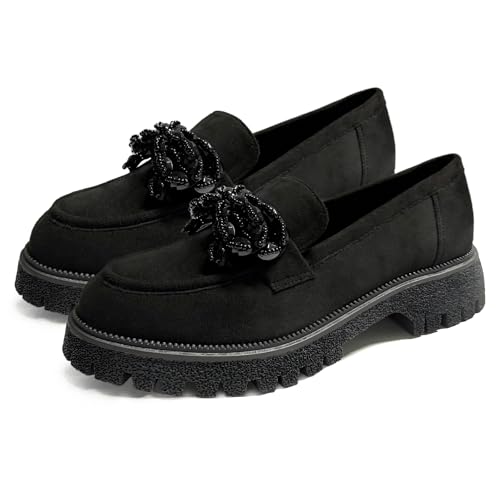 Image of Women's Loafers Chunky Platform Slip On Bow-Knot Beaded Suede Loafers Lug Sole Casual Shoes for Women Dressy
