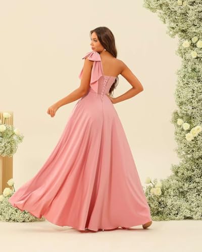 RSOETOO One Shoulder Bridesmaid Dresses with Slit Long Satin Formal Dress with Bow RO1963