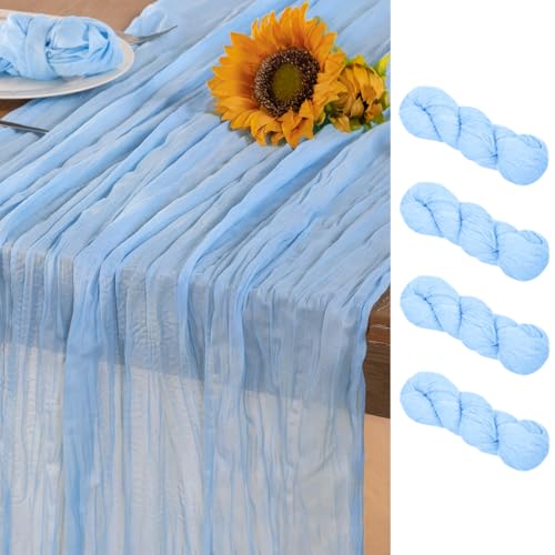 DeZerlor Baby Blue Cheesecloth Table Runner 4 Pack Fall Table Runners Boho Gauze 120 Inches Light Blue Cheese Cloth Fall Table Decorations for Thanksgiving Wedding Bridal Baby Boy Shower Party