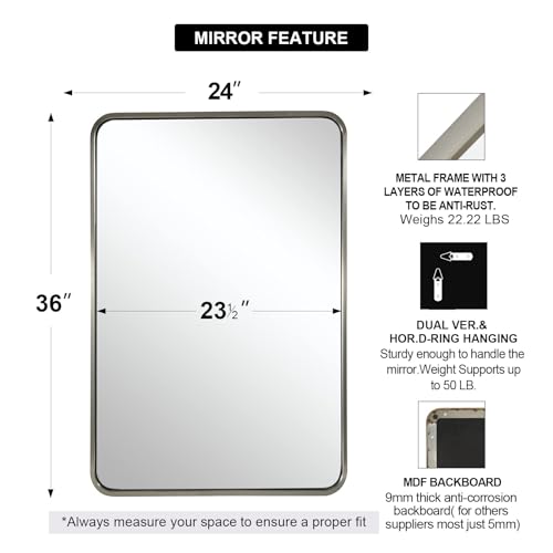 Image of ANDY STAR Brushed Nickel Bathroom Mirror, 24x36'' Rounded Rectangle Mirror Modern Silver Vanity Mirror SUS304 Metal Tube Frame(Rustproof) 1'' Deep Wall Mounted Vertically /Horizontally
