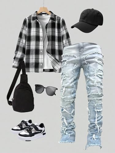 Boys Jeans Stacked Skinny Distressed Pants Stretch Washed Y2K Elastic Waist Fashion Streetwear 7-14Y4