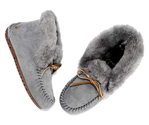 Image of Women's Moccasin Slippers with Warm Wool Lining, Pigskin Leather Non-Slip Rubber Sole for Indoor and Outdoor Casual Winter Flat Shoes