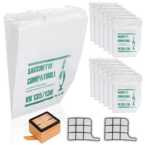 12 Staubsaugerbeutel für Vorwerk Kobold VK135 VK136 Mit 2 Motorschutzfilter +1 Hygienefilter Premium Zubehör-Set für VK135/136 FP135/136 Vorwerk Staubsauger