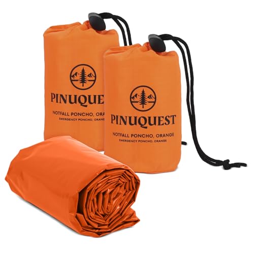 PINUQUEST 2x Notfall-Poncho 26 µm (120 × 100 cm) - Regenponcho ultraleicht, reißfest, wasserdicht & winddicht - Notponcho bei Regen mit silberner Seite zur Wärmereflexion, orange für hohe Sichtbarkeit