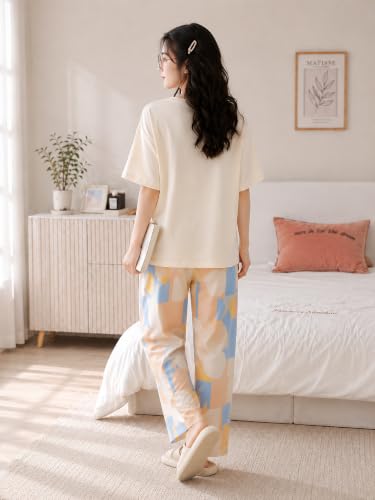 Image of Women's Korean Style Looper Fabric Nightsuit Set | Cute Print Half Sleeve T-Shirt & Pajama Set | Soft Comfortable Nightwear & Loungewear for Women