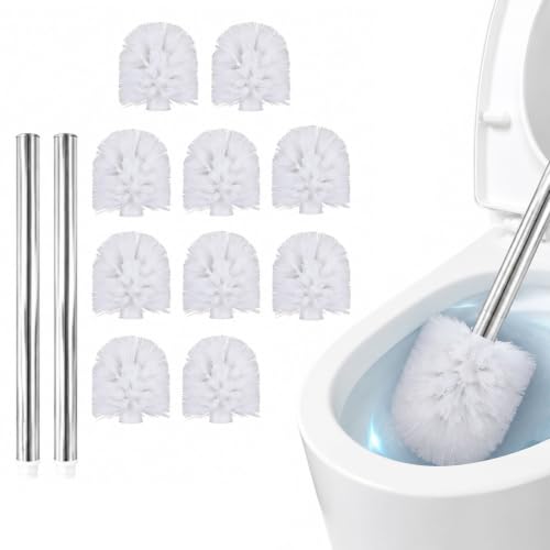 FTISSLY Lot de 10 Têtes de Brosse avec 2 Manches en Acier Inoxydable, Brosses de Toilette Diamètre 8cm, Brosse WC pour Salle de Bain