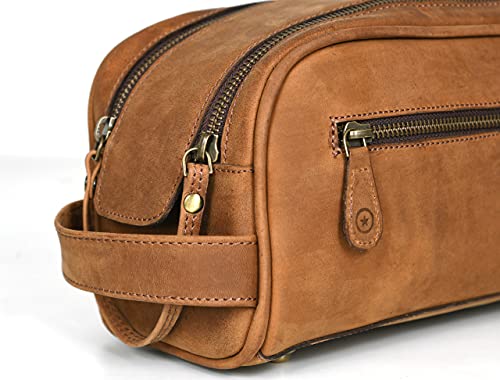 10" Premium Leather Toiletry Travel Pouch With Waterproof Lining | King-Size Handcrafted Vintage Dopp Kit By Aaron Leather Goods (Dark Brown - Dual Zipper)