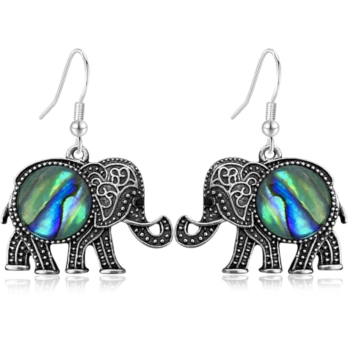 unixmoment Bohemian Vintage Silver Elephant Shell Dangle Drop Earrings Creative Animal Hook Earrings For Women (Vintage Silver)