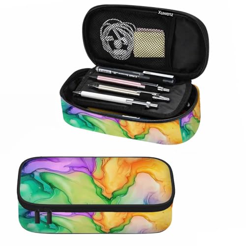 Image of Abstract Print Pencil Case Colorful Fluid Waves Golden Swirls Pencil Bag Pouch Box Organizer for College School Students Boy Girl