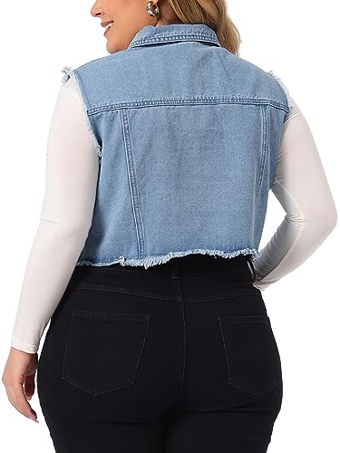 Agnes Orinda Plus Size Denim Jackets for Women Button Down Distressed Sleeveless Jean Vest Jacket4