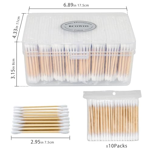 Image of Bcowos 3 inch Bamboo Cotton Swabs With Storage Case, Double Tips, 1000 Count | Cotton Swabs with Wooden Sticks, Soft Cotton Tip Applicators for Ear Care, Makeup, Nail Art, Household Cleaning, Crafts