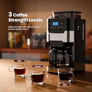 Kismile 10-Cup Digital Drip Coffee Maker with Built-In Grinder, Programmable, 12H Timer, Keep-Warm Function, Customizable Strength & Grind Size, Coffee Machines with Smart LED Touchscreen