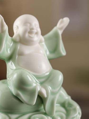 Estatua Pequeña de Buda Risueño Verde de Cerámica 4.5 pulg. miniatura 5