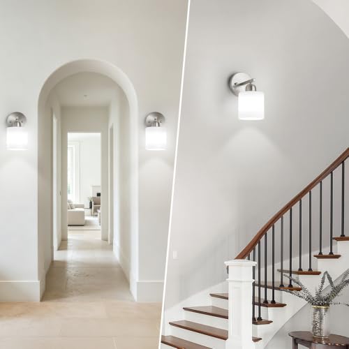 Image of Brushed Nickel Bathroom Light, Anti-Rust Finish 2PCS Light Bathroom Vanity Light Brushed Nickel, Milky White Frosted Glass Shades, E26 Socket
