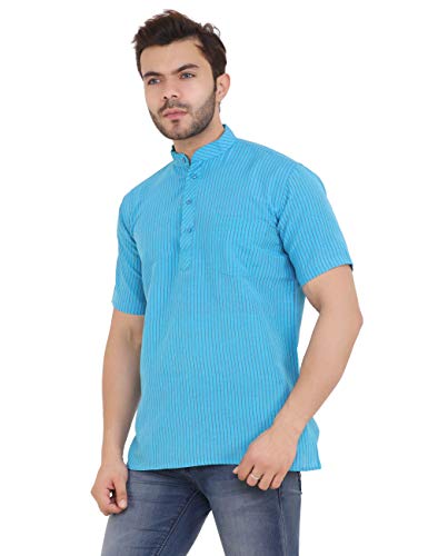 Image of LATEST CHIKAN Men's Cotton Regular Striped Short Kurta Half Sleeves - NP-SK-PNT