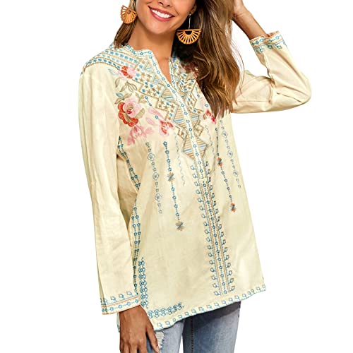 Lauraklein Mexican Shirts For Women Summer Casual Embroidered Tops Ladies Button Down Tops Peasant Tunic Loose Blouse Yellow #TOP1