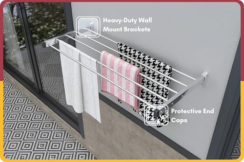 Image of Amiraj Heavy Duty Stainless Steel Wall Mounted Clothes Drying Rack | Foldable & Space Saving Cloth Dryer Stand for Balcony, Laundry & Bathroom | Rust-Free Laundry Rack (4 Feet, 5 Pipe)