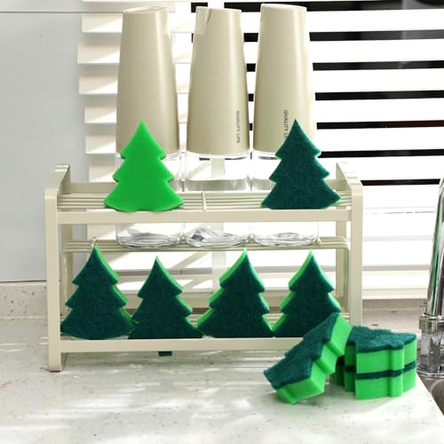 Image of Tioncy 12 Pack Christmas Tree Kitchen Sponges Bulk Dual Sided Scrubber Sponges Dishwashing Non Scratch for Kitchen Accessories Dish Scouring, Green