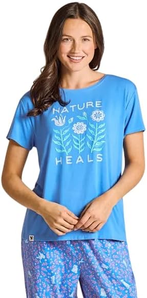 Life is Good. Women's Nature Heals Flowers Short Sleeve Lightweight Sleep Tee, Athletic Blue