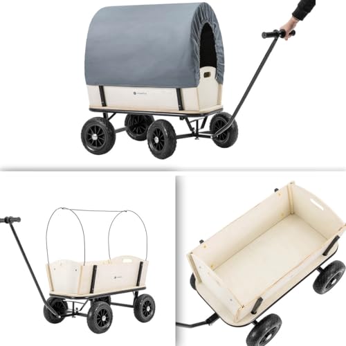 Miweba Bollerwagen Canvas mit Dach | 180 Kg Traglast - Kinderwagen - Transportwagen - Handwagen - Wagen Holz - Standwagen - Regenschutz - Plane abnehmbar - Gartenkarre - Holzwagen - Gerätewagen (Grau)