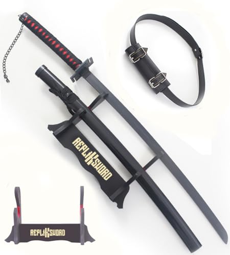 REPLIKSWORD Bleach Katana Ichigo Bois Lame en Bois Bankai Epee Sabre Ichigo Katana Replique Cosplay + Presentoir Inclus + Ceinturon Noir Porte-Epee
