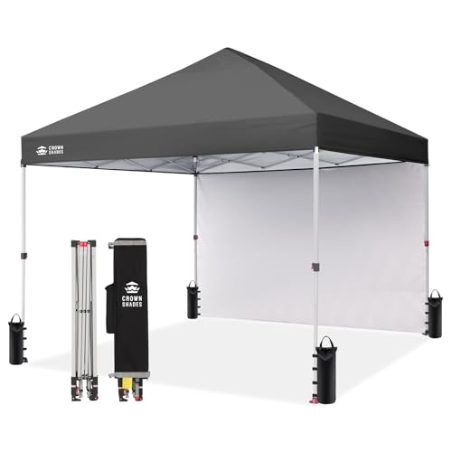 CROWN SHADES 8x8 Pop Up Canopy with 1 Side Wall - Beach Tent with One Push Setup - Outdoor Sun Shade for Events, Parties, Camping - Gazebo with STO-N-Go Cover Bag (Grey)