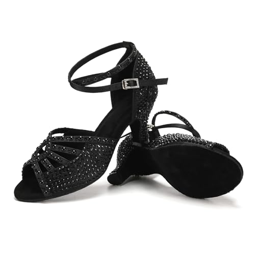 Image of JUODVMP Women's Latin Dance Shoes Rhinestones Satin Ballroom Dancing Shoes Salsa Professional Dance Shoes
