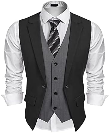 Coofandy Mens Formal Fashion Layered Vest Waistcoat Dress Vest, Black, Large