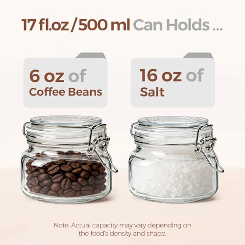 Image of ComSaf Square Glass Food Jars 17 oz 6 Pack for Pickling and Herbs Storage | Airtight wire clamp lids, six labels and 3.3-inch wide mouths for loose tea, herbal powders, cocktail garnishes and jam