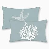 Golianda Lot de 2 Housses de Coussin côtiers 30,5x50,8 cm   Étoiles de mer et Corail Bleu   Décoration Nautique d'été   Lin pour Plage   Coussin de Dossier pour Maison, Salon, Style Ferme