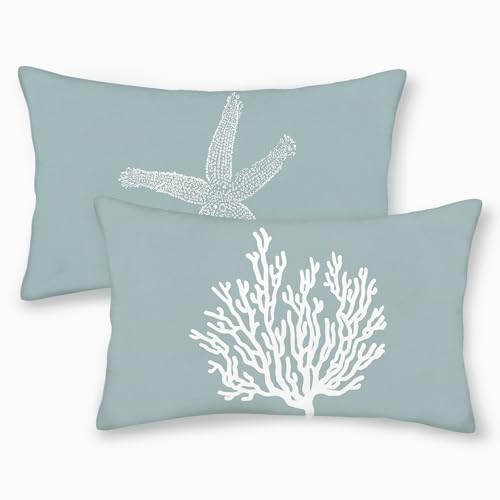 Coastal Pillow Covers 12x20 Set of 2 Blue Coral Starfish Throw Pillows Nautical Ocean Decorations Summer Linen Beach Pillowcase Outdoor Decor Farmhouse Lumbar Cushion Case for Home Living Room