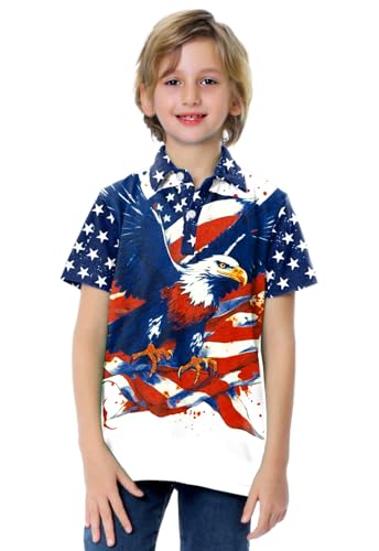 Image of AOBUTE Kids 4th of July Polo American Flag Short Sleeve Button Down Shirts Tops 3-14 Years
