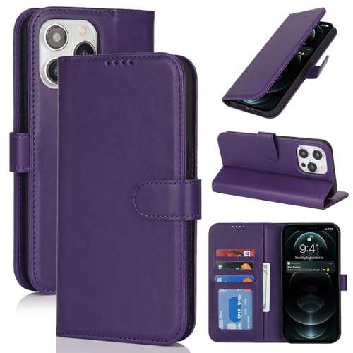 Image of for iPhone 13 Pro Max Case Wallet with Card Holder,for iPhone 12 Pro Max Wallet Case for Women Men,PU Leather Shockproof Magnetic Buckle Stand Flip Phone Case-Purple