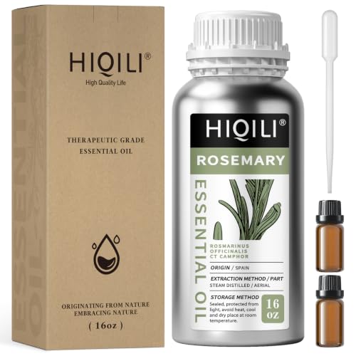 Image of HIQILI Rosemary Oil for Hair Care, Diffuser & DIY | with Two Travel Vial for DIY Shampoos, Conditioners, and Custom Blends, Fresh Scent. -500ml / 16 fl oz