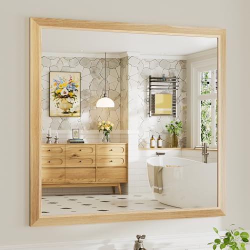 Image of 40x38 Inch Bathroom Mirror for Wall, Anti-Rust Oak Wood Grain Metal Framed Bathroom Mirrors for Over Sink,Rectangler Mirrors for Bathroom Vanity, Farmhouse, Bedroom, Living Room, Entryway Decor