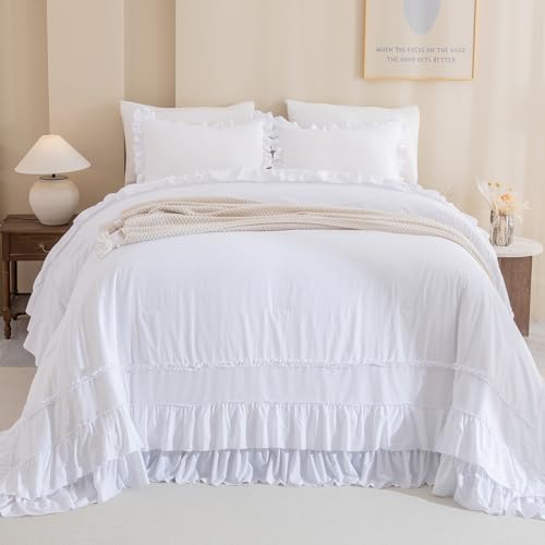 Image of QSH Oversized King Comforter Set 120x120, White Farmhouse Ruffled Bed Comforter Shabby French Country Rustic Vintage Bedding Comforter Microfiber Soft Lightweight Fluffy Bedding 3 PCs