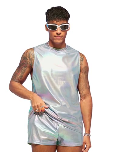 WDIRARA Men's 2 Piece Outfit Holographic Sleeveless Tank Top and Drawstring Track Shorts Set