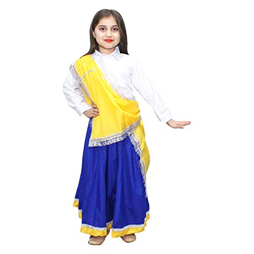 Image of Kaku Fancy Dresses Indian State Haryanvi Dress Costume for Girls, Haryanvi Dance Lehenga Polyester Yellow & Blue, 10-12 Years