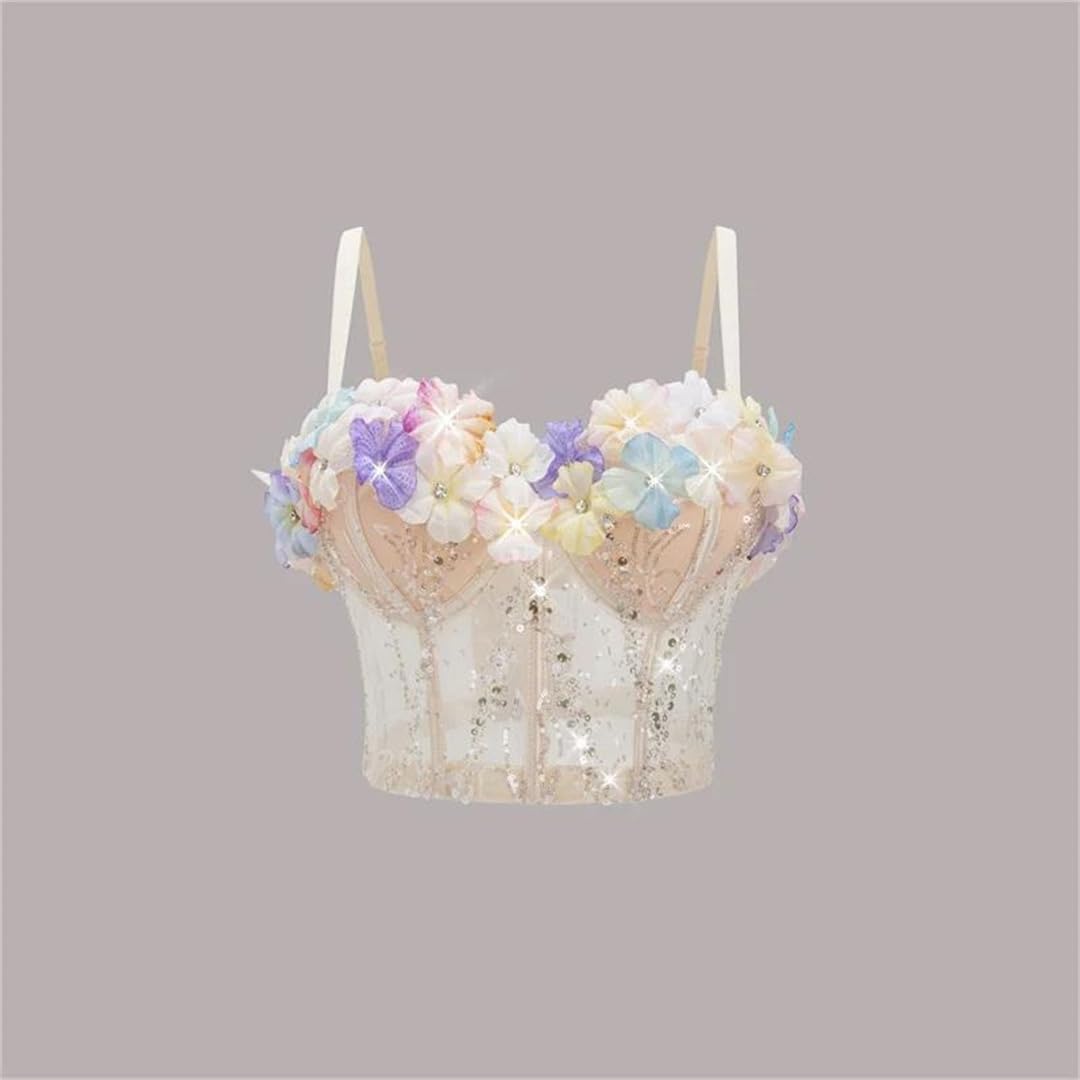 Yeuyyben Camiseta corta con lentejuelas florales para mujer, sin mangas, ajustada, para verano, informal, para el escenario