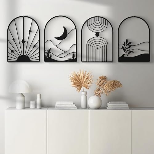 Image of SHILP HANDICRAFT 4 Pack Boho Abstract Wood Wall Art | Minimalist Decor Bohemian Line Art | Geometric Line Sun Moon Arch Leaf, 3D Textured Sculptures, for Living Room Bedroom 12 inch