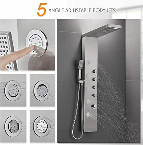 Sistema de columna de ducha de acero inoxidable con cabezal de lluvia y cascada, sistema de grifería de 6 funciones con masaje de agua y jets corporales miniatura 4