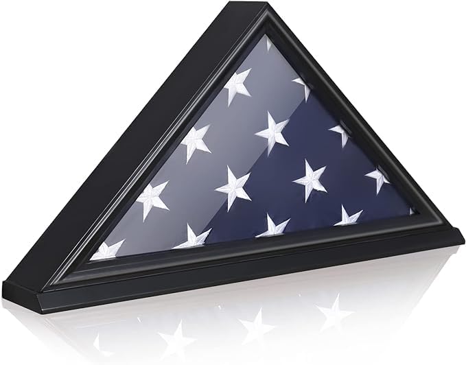 Premium Flag Display Case for Burial Flag - Military Shadow Box for 5x9.6 Veteran Burial Flag, Solid Wood Wall Mounted Flag Holder with Transparent Glass Front - Memory Box for Veteran Funeral Flags 5"x9"-Black