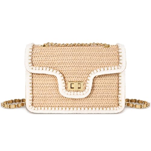 Image of Straw Crossbody Bags for Women, Summer Fashion Straw Purses and Handbags Shoulder Raffia Clutch Bag with Pearls