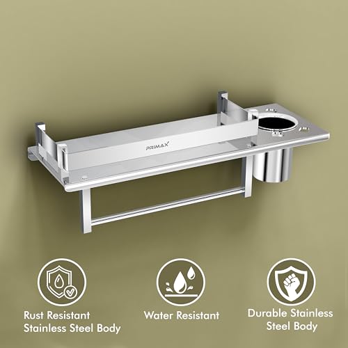 Image of Plantex (Primax) Stainless Steel Nickel 3 in 1 Multipurpose Bathroom Shelf, Towel Hanger (Chrome, Silver, 15 x 5 Inches)