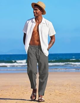 COOFANDY Lange Linnen Herenbroek Lichte Zomerbroek met Elastiek Strandbroek Vrijetijdsbroek Losse Pasvorm Zwart XXL