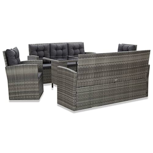 Juego de Comedor de Exterior de 5 Piezas con Cojines, Polirratán Gris, Uso Durante Todo el Año, Fácil de Limpiar, Resistente a la Intemperie, Diseño Modular, Incluye 8 Cojines