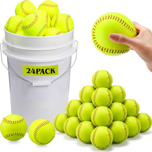 Lewtemi 24 Pack of Practice Softballs Bulk Slowpitch and Fastpitch Softballs with 6 Gallon Bucket Yellow Leather Covered Weighted Sports Soft Balls for Practice Games and Training(12)