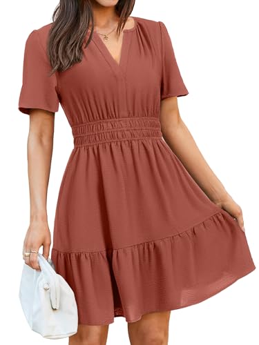 Image of Simplee Womens Casual Summer Dresses 2026 V Neck Short Sleeve Empire Waist Flowy A Line Ruffle Tiered Mini Sundress